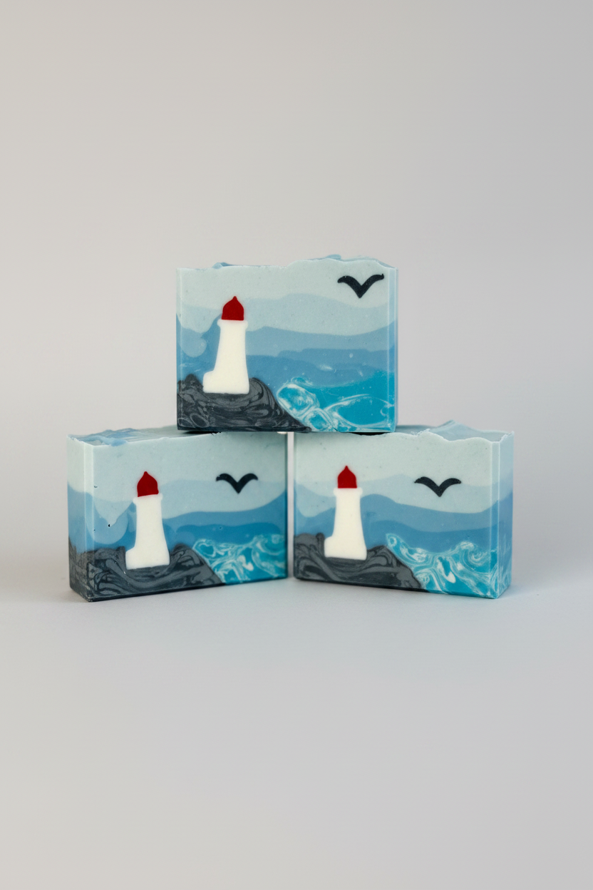 Three soap bars with lighthouse design on a gray background