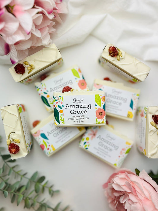 Amazing Grace Vegan Soap - Bergamot & Lily of the Valley - Graceful Soaps, white soaps with flowers on top